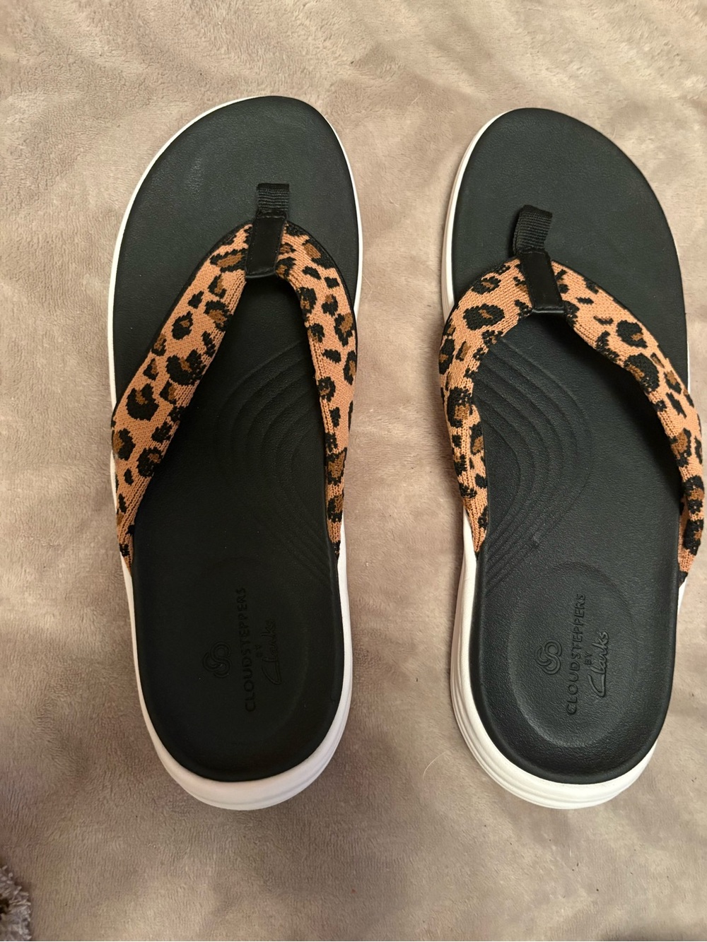 Clarks Black Flip Flop Sandals with Leopard Print Straps